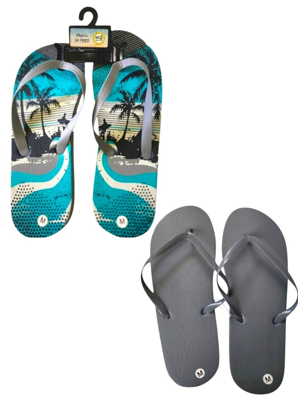 2pc Gray & Coastal Print Flip Flop Sandals, Size M 9/10